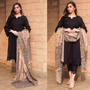 3- Piece Embroidered Dhanak Dress with  Shawl
