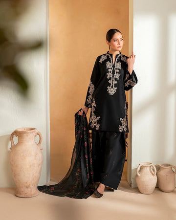 3- Piece Embroidered Dhanak Dress with Shawl